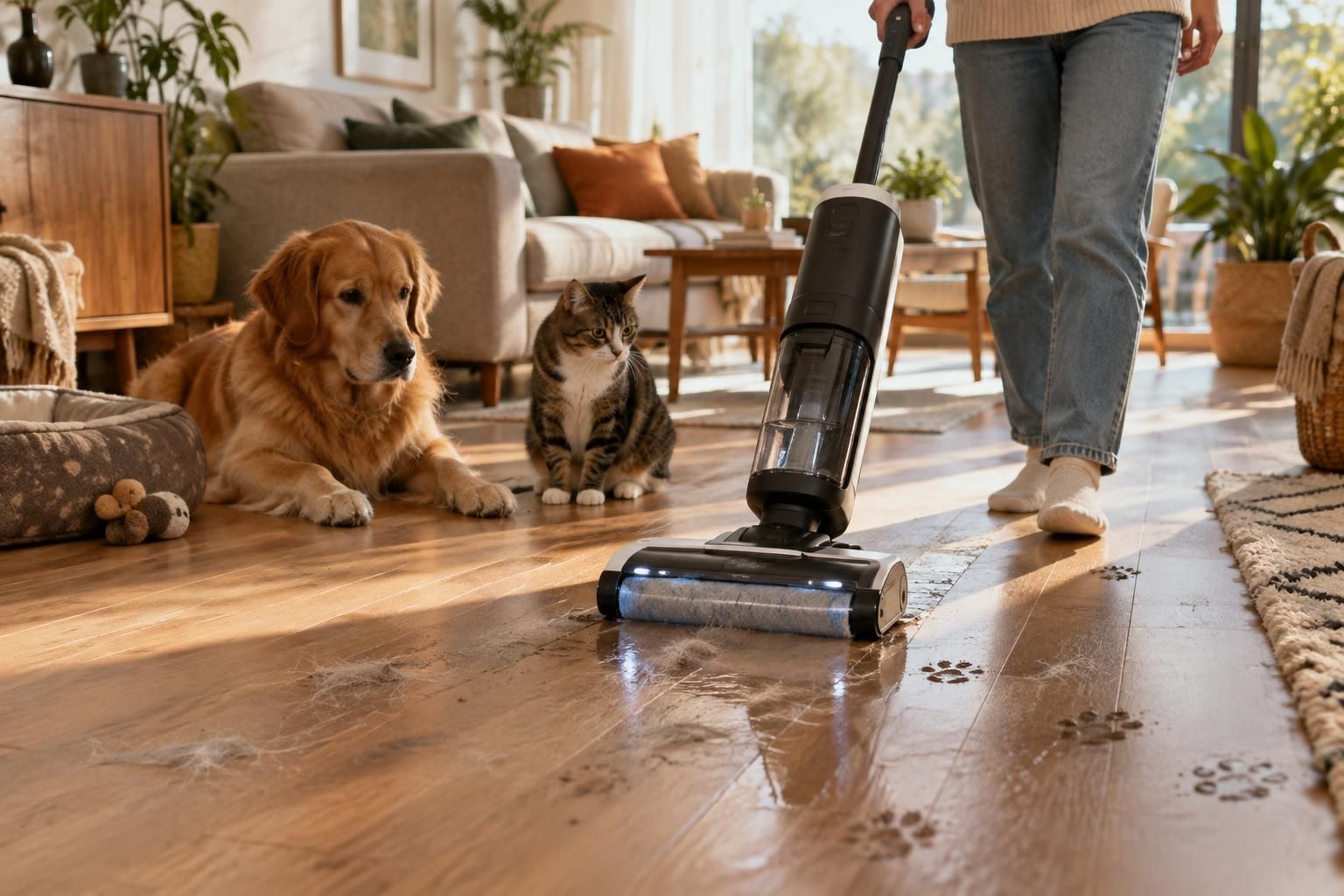 découvrez quel aspirateur laveur choisir pour éliminer efficacement poils, traces de pattes et saletés de chien ou de chat, tout en gardant des sols impeccables.
